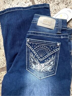Angel Women's Dark Blue Flare Jeans with Embroidered Back Pocket. 5